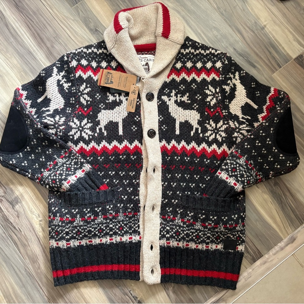 Roots Shawl Collar Fair Isle Cardigan Sweater - Black/Red/Cream